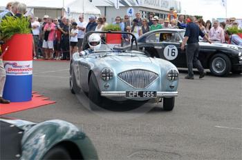 Neil Hardy/Jeremy Welch, 1954 Austin Healey 100M, in the paddock before the RAC Woodcote Trophy race, Silverstone Cassic 2009.