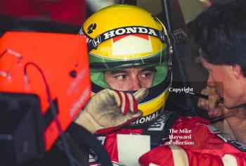 Ayrton Senna, McLaren MP4/5, Honda V10, during practice for the British Grand Prix, Silverstone, 1989.
