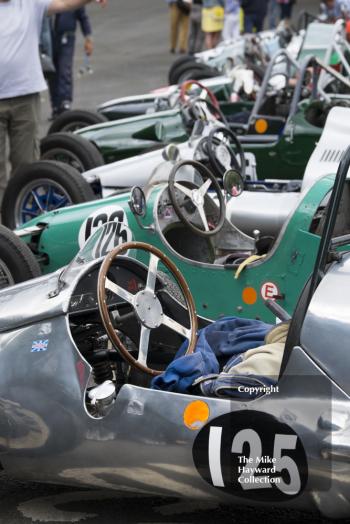 Mark Riley's Creamer in the line-up of 500cc racing cars, Chateau Impney Hill Climb 2015.
