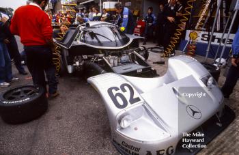 Mechanics work on the Sauber Mercedes C9/88 of Jean-Louis Schlesser and Jochen Mass, Wheatcroft Gold Cup, Donington Park, 1989.
