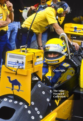 Ayrton Senna, Camel Lotus 99T, during practice for the British Grand Prix, Silverstone, 1987.
