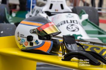 Ollie Hancock's helmet on his Fittipaldi F5A, FIA Masters Historic Formula 1, 2016 Silverstone Classic.
