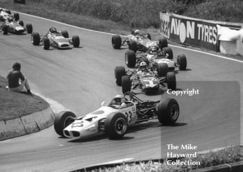 Winner Tetsu Ikuzawa, Mike Spencer Lotus 59, leads Peter Gaydon, SMR Tecno 69 and Tim Schenken (23), Brabham BT28, at Shaw's Hairpin, Guards Formula 3 Trophy, Mallory Park, June 1969.
