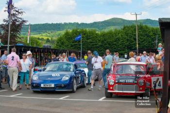 Duncan Andrews, Porsche Cayman, Carlton Jones, Austin Mini, waiting in the paddock at Shelsley Walsh Hill Climb, June 1st 2014.