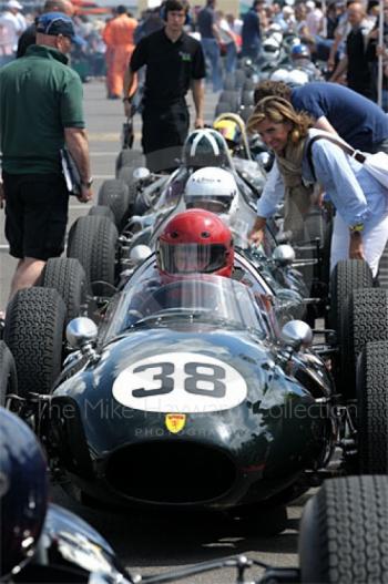 Tony Ditheridge, 1958 Cooper T45, lines up in the paddock prior to the HGPCA pre-1966 Grand Prix Cars Race, Silverstone Classic 2009.
