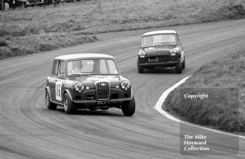 Alec Poole, Wolseley Hornet (SZJ 1), followed by Harry Ratcliffe, Mini, Redex Special Saloon Car Championship, BRSCC Â£1000 meeting, Oulton Park, 1967.
