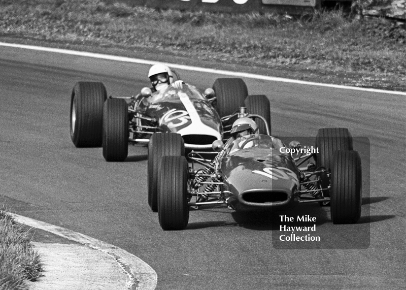 Paul Craven, Brabham BT21B and Ronnie MacKay, Hugh Shannon Brabham BT21, Peco Trophy meeting, Oulton Park, 1968