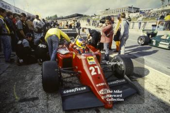 Michele Alboreto, Ferrari 156/85, in the pits at Brands Hatch, 1985 European Grand Prix.
