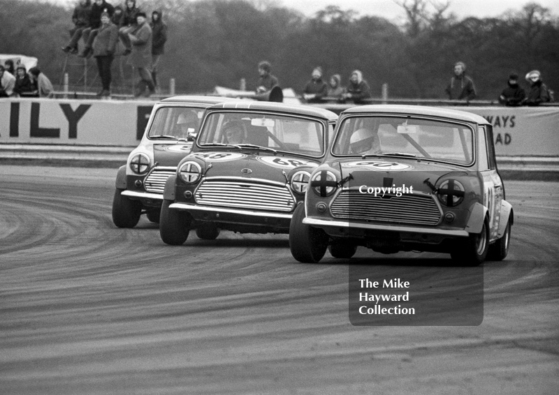 Rob Mason, Ken Costello Mini Cooper S, and Gordon Dawkins, Mini Cooper S, Silverstone International Trophy meeting 1972.
