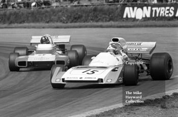 Jean Pierre Beltoise, Matra MS120B, and Graham Hill, Brabham BT34, Silverstone International Trophy 1971.
