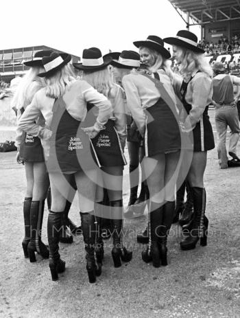 JPS girls in the paddock at Brands Hatch, British Grand Prix 1974.

