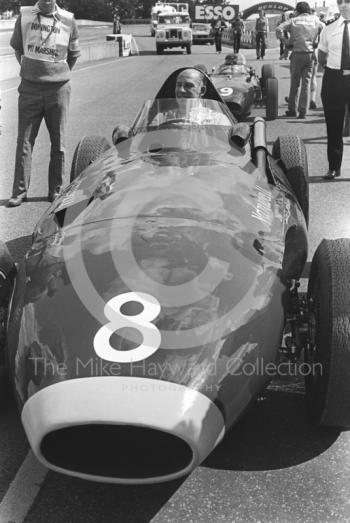 Stirling Moss on the grid in a Vanwall at the European Formula 2 Championship meeting, Donington Park, 1981.