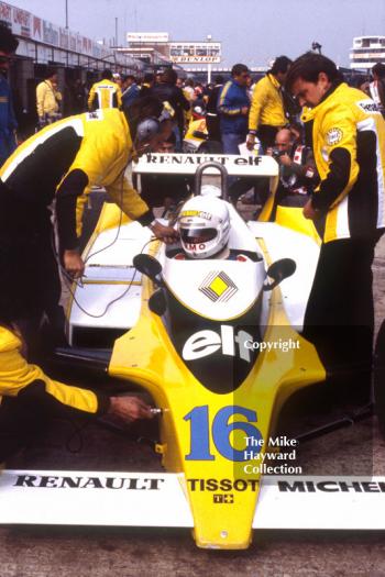 Rene Arnoux, Renault RS10, in the pits at the 1979 British Grand Prix, Silverstone.
