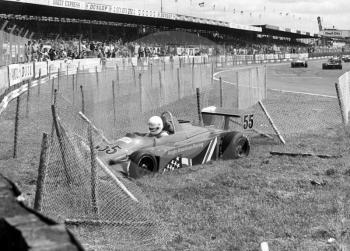 Ray Stover, Anglo American Racing Ralt RT3, crashes into the catch fencing, Formula 3 race, Silverstone, British Grand Prix 1985.
