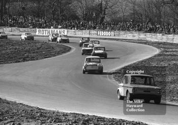 Ray Calcutt, Hillman Imp, and Peter Baldwin, Austin Mini, Forward Trust Special Saloon Car Race, Mallory Park, 1972.
