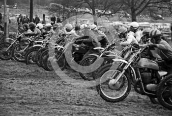 The start of a solo race, ACU British Scramble Sidecar Drivers Championship meeting, Hawkstone Park, 1969.