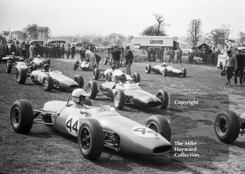 John Cardwell, Goodwin Racing Brabham BT15; David Rees, Goodwin Racing Brabham BT15; and Malcolm Payne, Jim Russell Lotus 31; Formula 3 race, Oulton Park Spring Race meeting, 1965.
