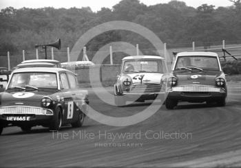 M Walker, Broadspeed Ford Escort; Chris Montague, Alexander Engineering Mini Cooper S; and L Nash, Ford Anglia; Silverstone Martini International Trophy 1968.
