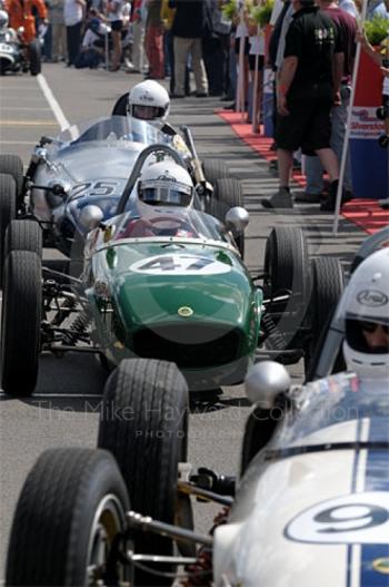 Lorraine Gathercole, 1958 Lotus 18, in the paddock queue ahead of the Colin Chapman Trophy Race for Historic Formula Juniors, Silverstone Classic 2009.