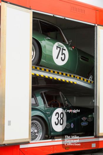 Aston Martin DB4GT and DB3S of Urs Mueller, 2016 Silverstone Classic.
