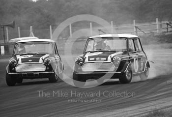 John Rhodes and Steve Neal at Becketts Corner in Cooper Car Company Mini Cooper S's, Silverstone Martini International Trophy 1968.
