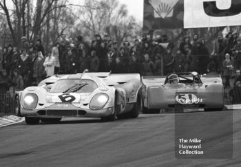 Jo Siffert/Derek Bell, JW Porsche 917K, and Jacky Ickx, Ferrari 312P, Brands Hatch, BOAC 1000k 1971.
