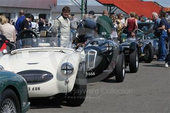 Line-up in the paddock including an Austin Healey 100S and a Frazer Nash prior to the RAC Woodcote Trophy, Silverstone Classic 2009.