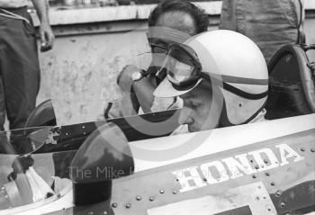 John Surtees, Honda RA301 V12, in the pits, British Grand Prix, Brands Hatch, 1968
