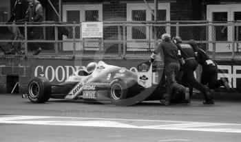 Manfred Winkelhock, Skoal Bandit RAM 03, gets a push along the pit lane at Silverstone, British Grand Prix 1985.
