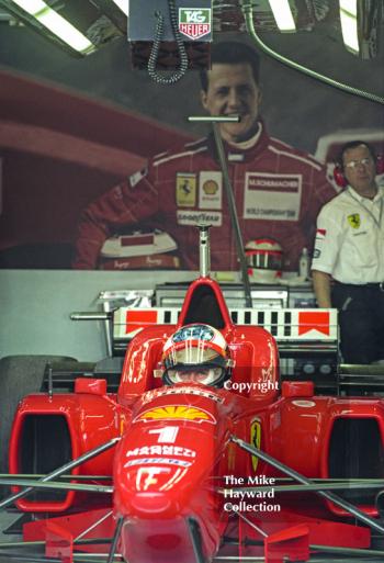 Michael Schumacher, Ferrari F310 in the pit garage, Silverstone, British Grand Prix 1996.
