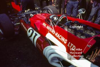 Mike Hailwood's Lola T142 in the paddock, Guards F5000 Championship, Oulton Park, April 1969.
