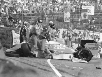 Allen Berg's Osella after first lap accident, Brands Hatch, British Grand Prix 1986.
