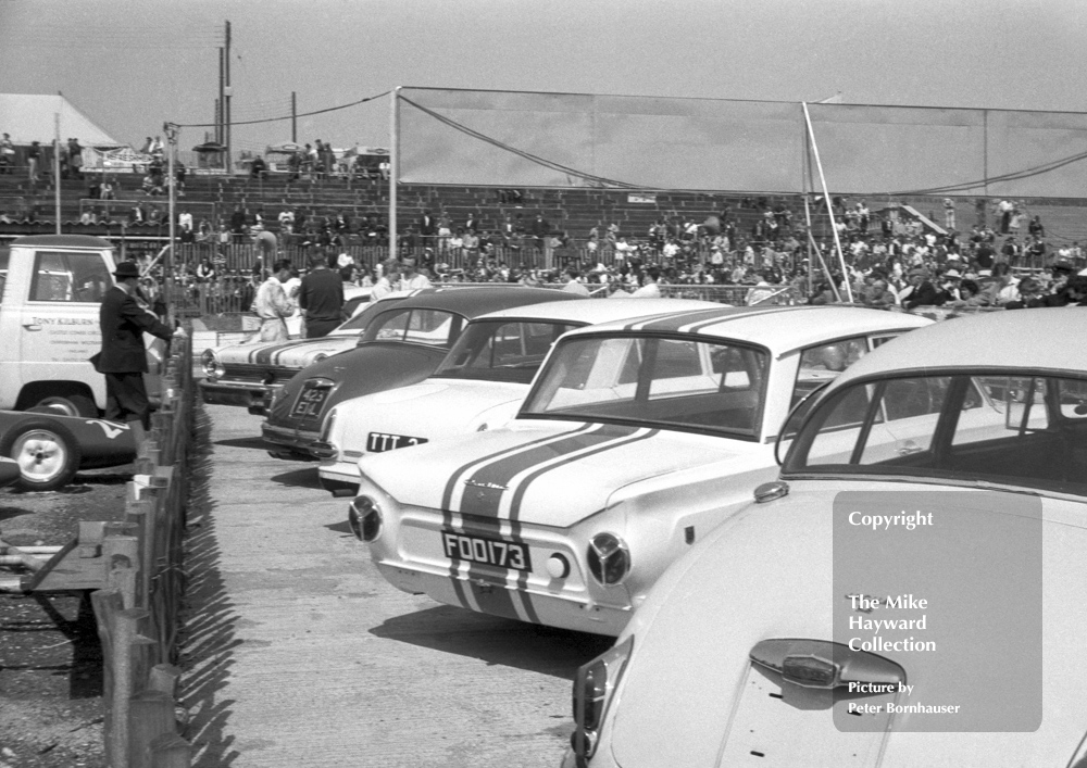Touring cars in the paddock. Willment Galaxie, Vauxhall VX4/90, Willment Cortina GT and Jaguar 3.8's. Crystal Palace, June 3, 1963, BSCC Round 6.