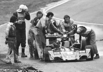 Carlos Pace, Martini Brabham Alfa Romeo BT45, retires from the race on lap eight with a fuel pump problem, Brands Hatch, Race of Champions, 1976.
