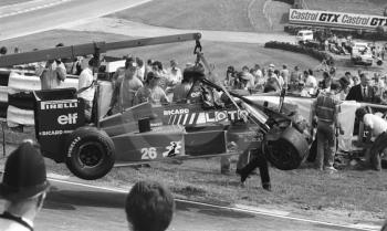 The Ligier JS27 of Jacques Laffite after first lap accident, Brands Hatch, British Grand Prix 1986.
