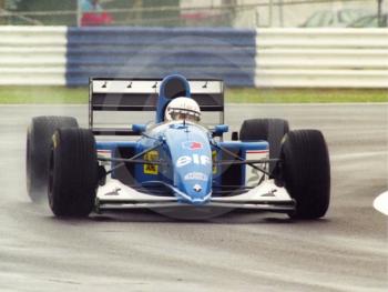 Martin Brundle, Ligier Renault JS39, seen during wet qualifying at Silverstone for the 1993 British Grand Prix.
