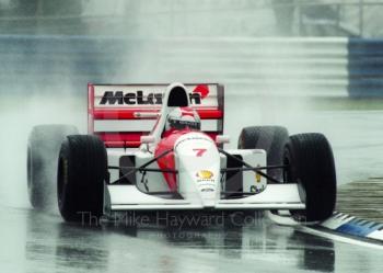 Michael Andretti, McLaren MP4-8, seen during qualifying for the 1993 British Grand Prix at Silverstone.
