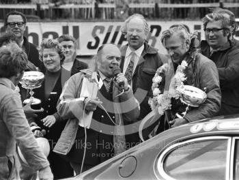 Winner Brian Muir, Wiggins Teape Ford Capri V6, saloon car race, Super Sports 200 meeting, Silverstone, 1972.
