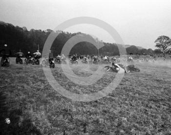 Fallen rider at the start of a solo race, ACU British Scramble Sidecar Drivers Championship meeting, Hawkstone Park, 1969.