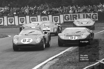 Paul Hawkins, Ford GT40; David Piper, Ferrari 250LM; Tony Dean, Porsche Carrera 6; and Richard Bond, David Prophet Ford GT40; Oulton Park Gold Cup meeting 1967.
