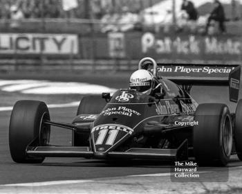 Elio de Angelis, JPS Lotus 94T at Copse Corner, British Grand Prix, Silverstone, 1983
