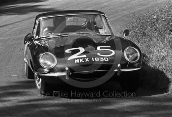 J Thompson, 4.2 Jaguar E type reg no MKX 183D, British Hill Climb Championship, Shelsley Walsh, June 1968.