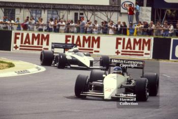 Philippe Streiff, Tyrrell Ford DG016, Riccardo Patrese, Brabham BMW BT56, Silverstone, 1987 British Grand Prix.
