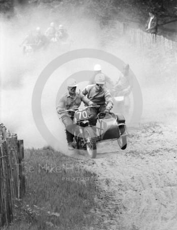 Sidecars create a dust cloud, 1966 motocross meeting, Hawkstone.