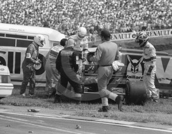 Jacques Laffite's Ligier after first lap accident, Brands Hatch, British Grand Prix 1986.
