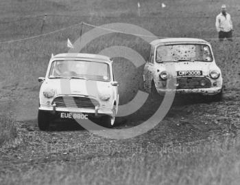 Mini Coopers (reg numbers EUE 880C and CWP 300B), Express & Star National Autocross, Pattingham, South Staffordshire, 1968.