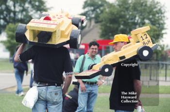 Jordan fans with spectacular headgear, Silverstone, British Grand Prix 1996.
