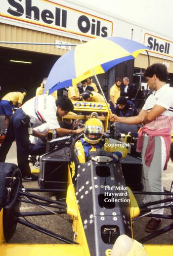 Ayrton Senna, Camel Lotus 99T, during practice for the British Grand Prix, Silverstone, 1987.
