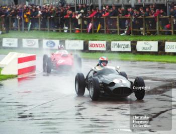 John Harper, BRM P25, and Nigel Corner, Ferrari 246 Dino, at the chicane during the Richmond and Gordon Trophies, Goodwood Revival, 1999.
