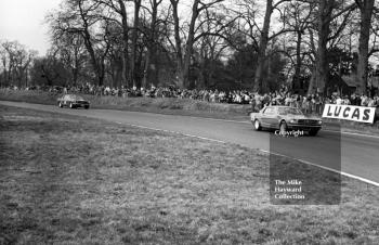 Gawaine Baillie and Roy Pierpoint in Ford Mustangs, Old Hall Corner, Oulton Park Spring Race Meeting, 1965
